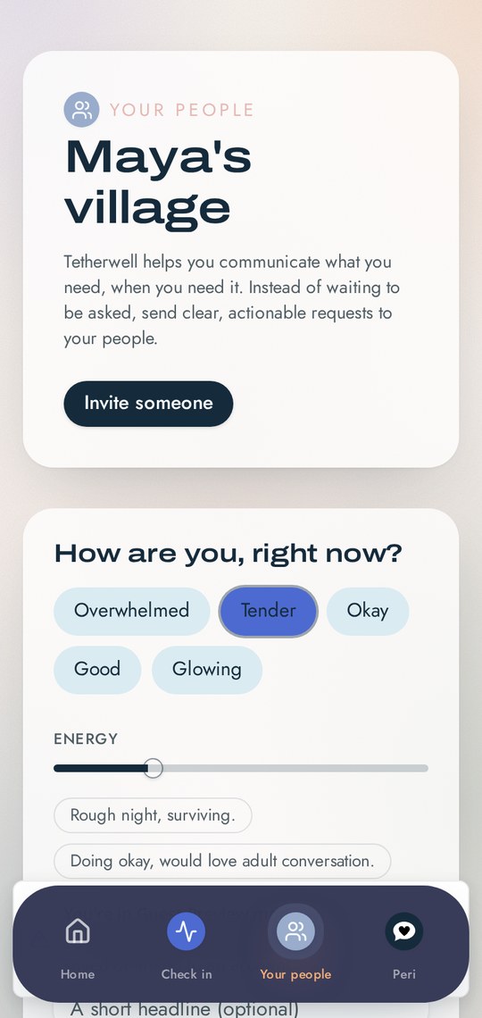 Tetherwell on a phone, showing a support circle with specific asks